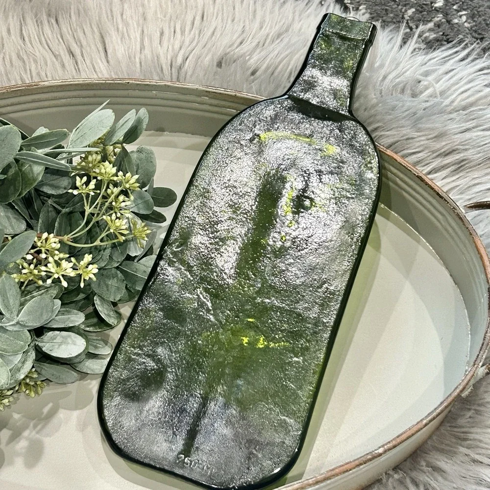 Flattened Green Glass Wine Bottle Spoon Rest Window Wall Decor Art Glass 12